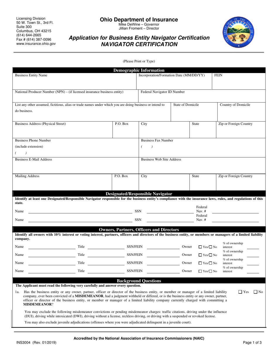 Form INS3004 Application for Business Entity Navigator Certification - Ohio, Page 1