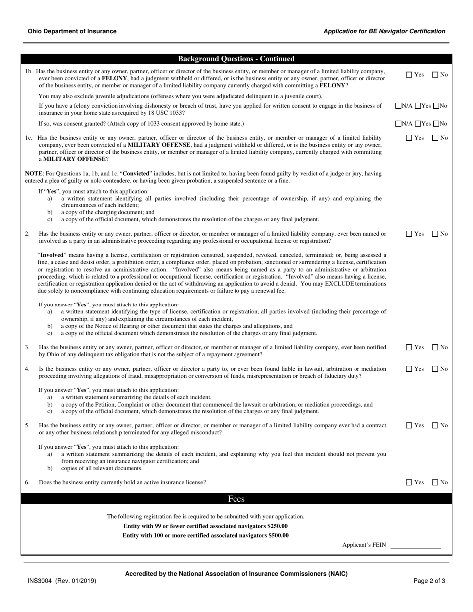 Form INS3004 Application for Business Entity Navigator Certification - Ohio, Page 2