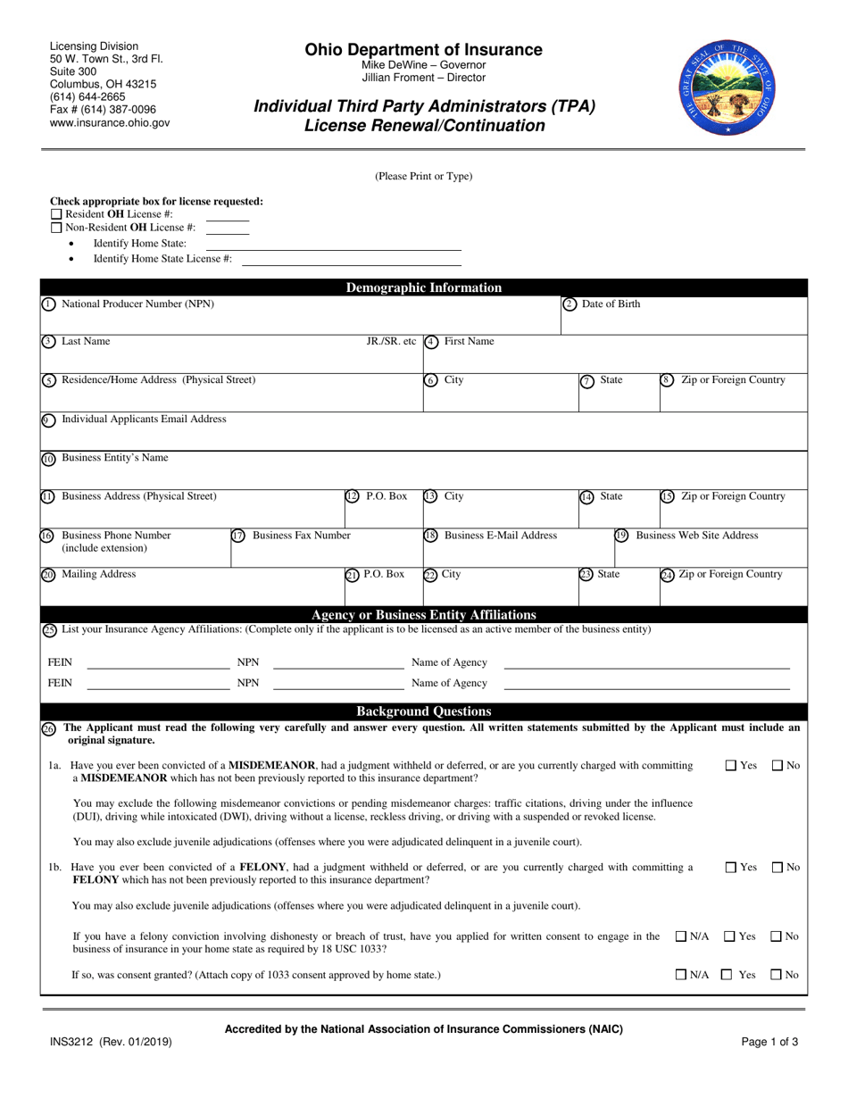 Form INS3212 Individual Third Part Administrators (Tpa) License Renewal / Continuation - Ohio, Page 1