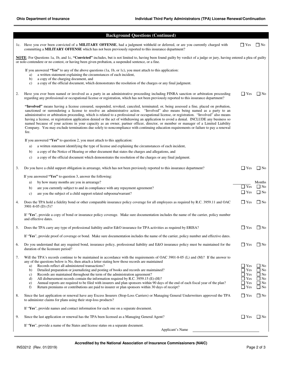 Form INS3212 Individual Third Part Administrators (Tpa) License Renewal / Continuation - Ohio, Page 2