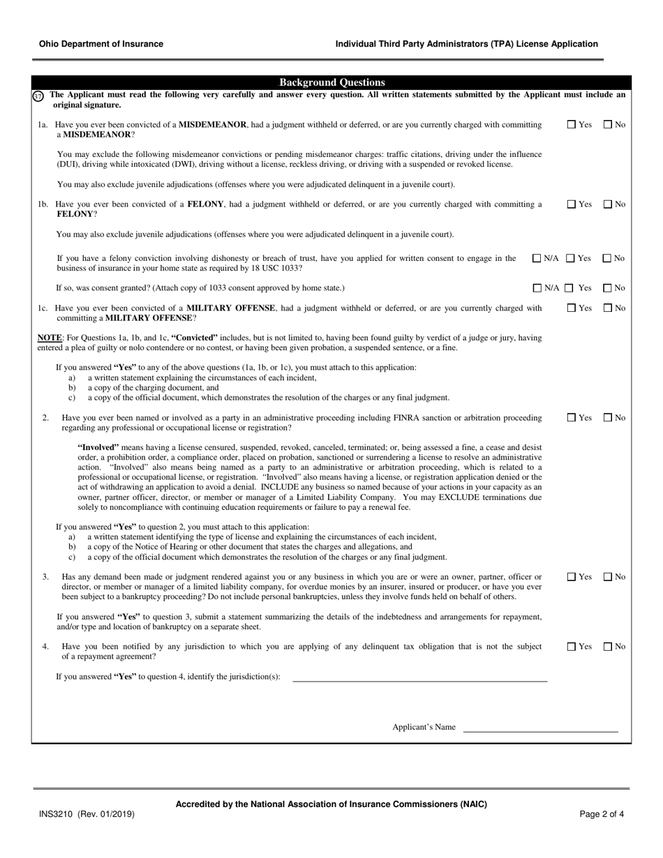 Form INS3210 Individual Third Party Administrators (Tpa) License Application - Ohio, Page 2