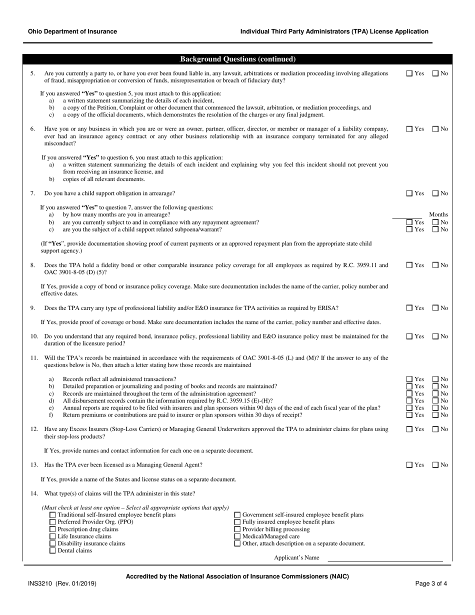 Form INS3210 Individual Third Party Administrators (Tpa) License Application - Ohio, Page 3