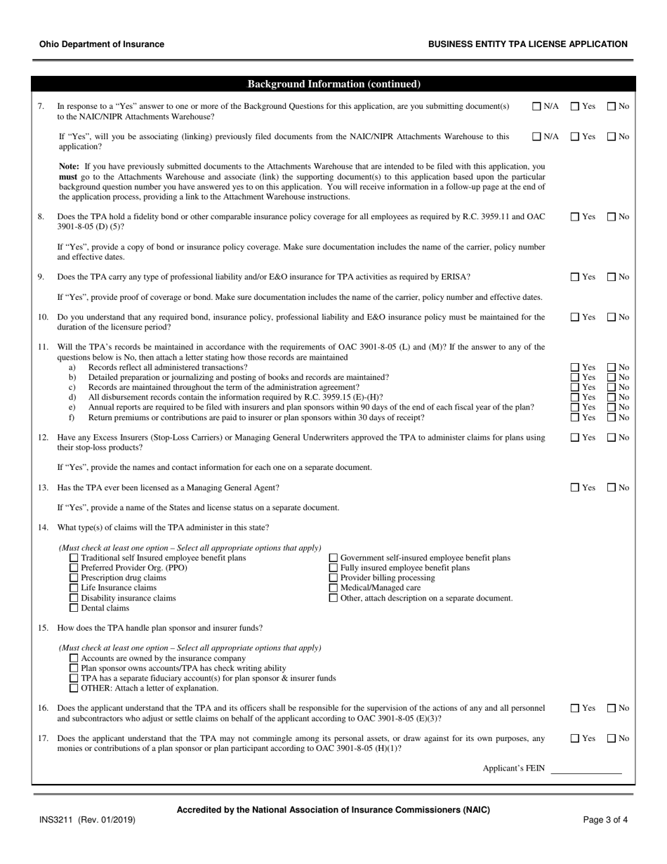 Form INS3211 Business Entity Third Party Administrators (Tpa) License Application - Ohio, Page 3