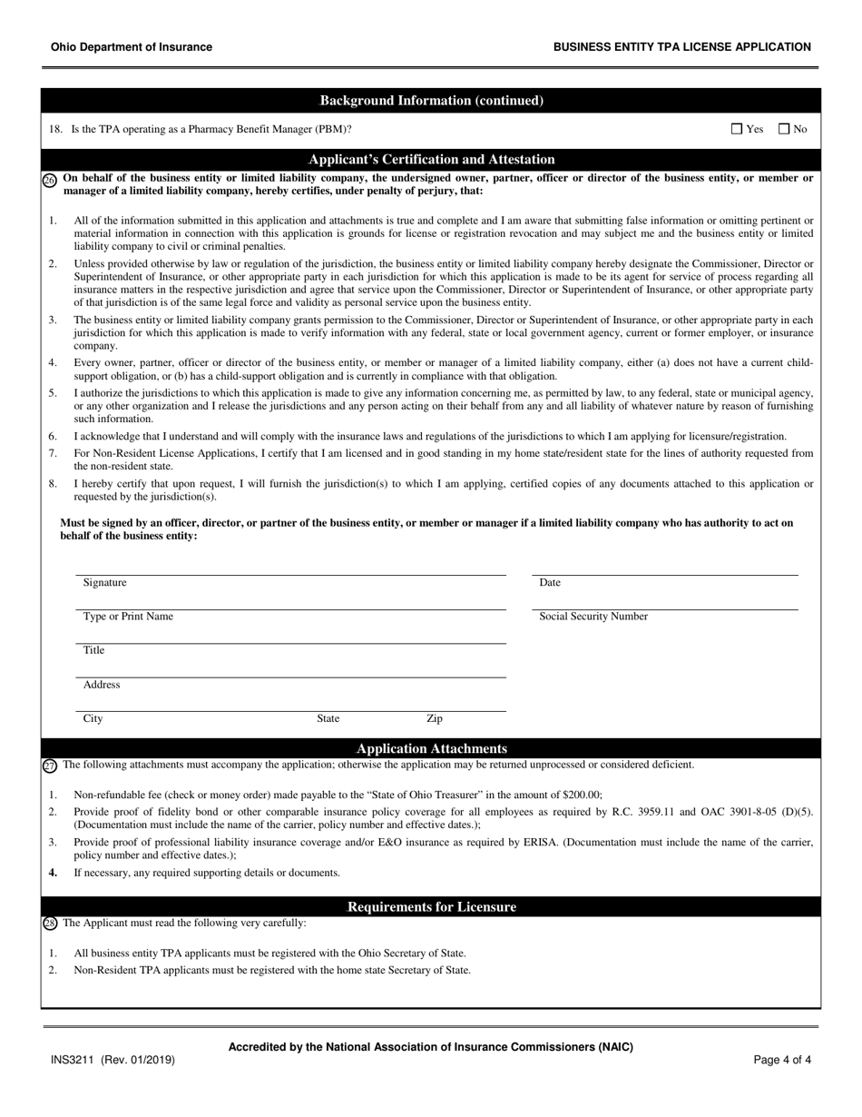 Form INS3211 Business Entity Third Party Administrators (Tpa) License Application - Ohio, Page 4