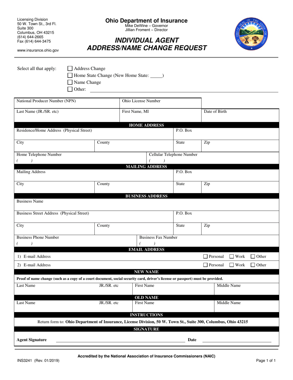 Form INS3241 Individual Agent Address / Name Change Request - Ohio, Page 1
