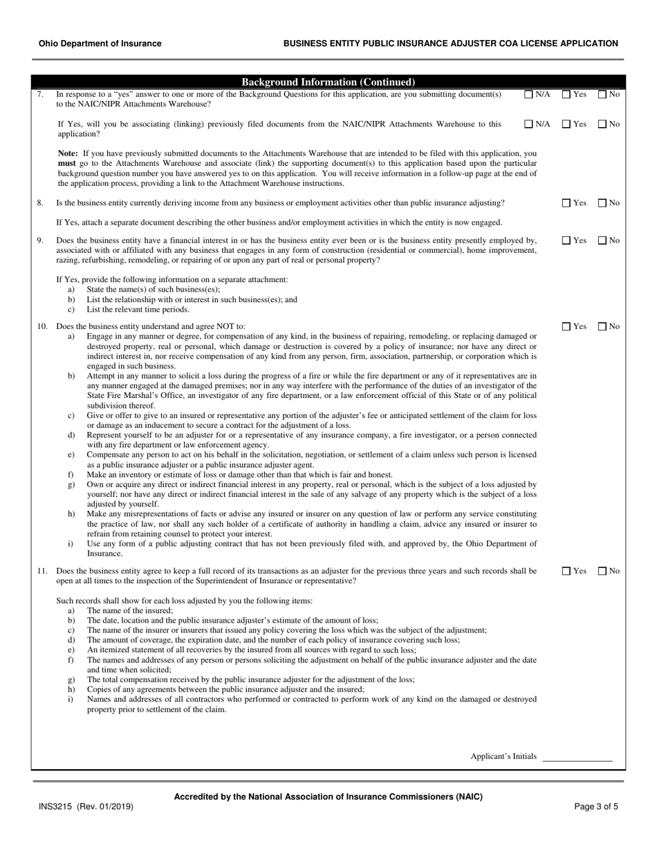 Form INS3215 Business Entity Public Insurance Adjuster Certificate of Authority License Application - Ohio, Page 3
