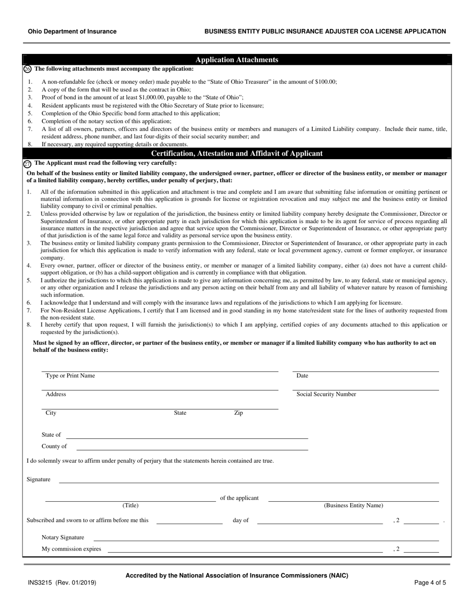 Form INS3215 Business Entity Public Insurance Adjuster Certificate of Authority License Application - Ohio, Page 4