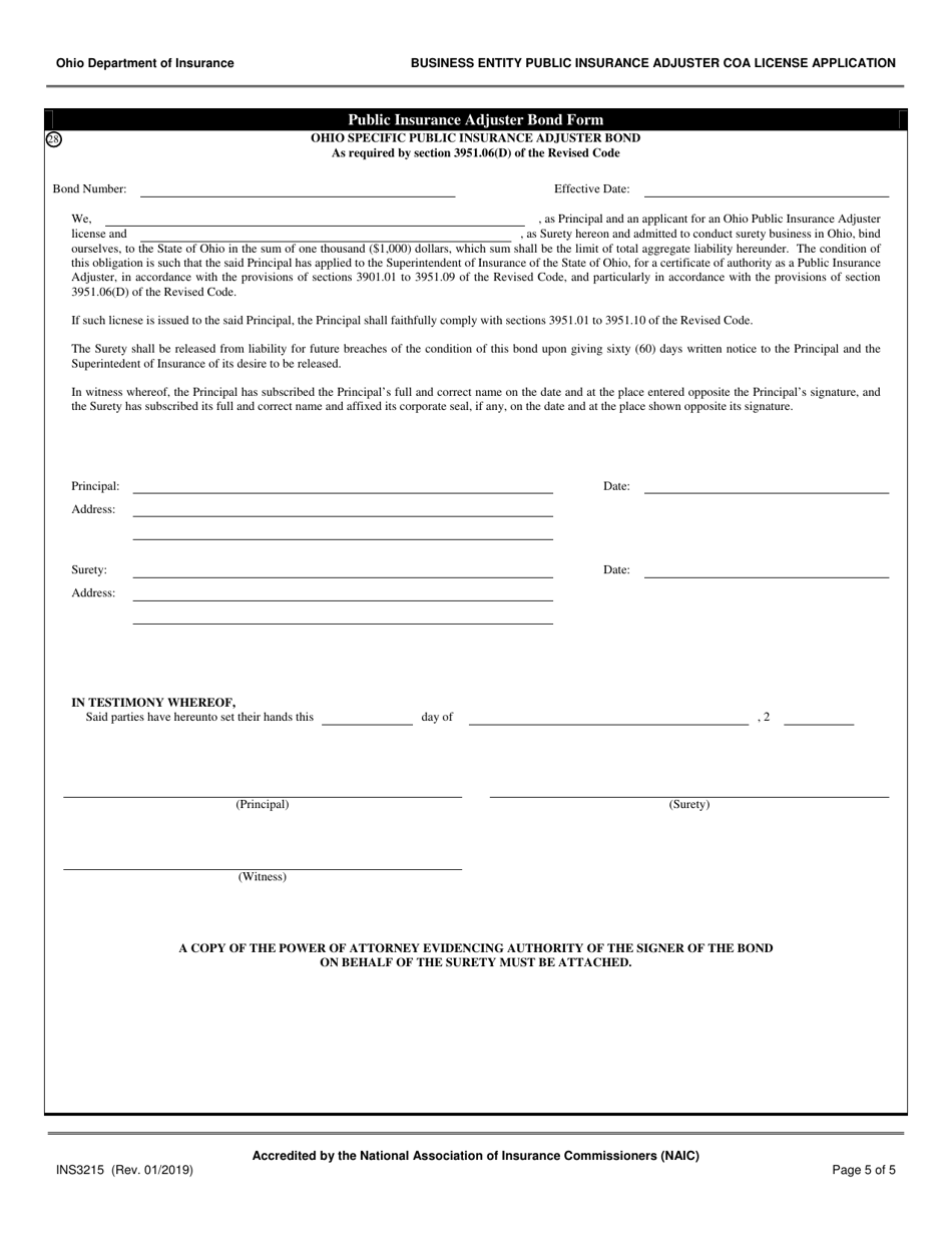 Form INS3215 Business Entity Public Insurance Adjuster Certificate of Authority License Application - Ohio, Page 5