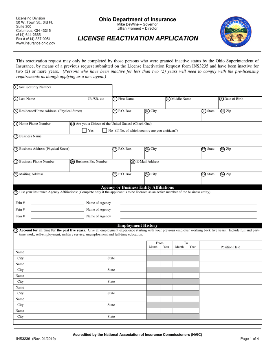 Form INS3236 License Reactivation Application - Ohio, Page 1