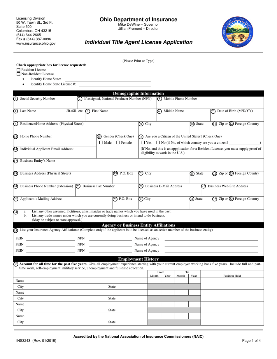 Form INS3243 Individual Title Agent License Application - Ohio, Page 1
