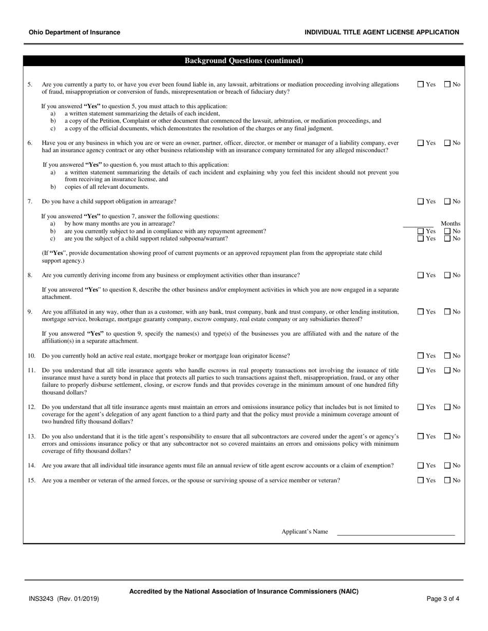 Form INS3243 Individual Title Agent License Application - Ohio, Page 3