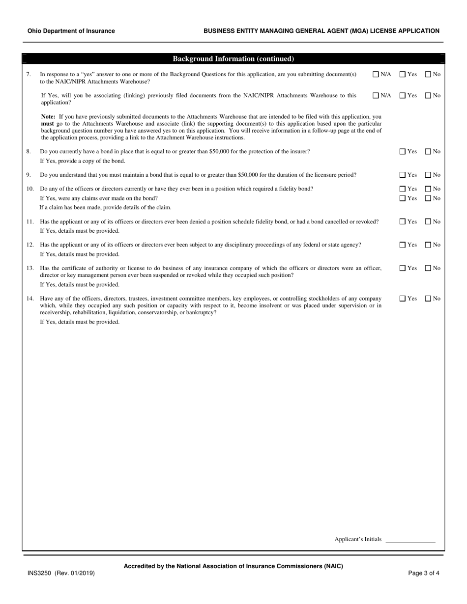 Form INS3250 Business Entity Managing General Agent (Mga) License Application - Ohio, Page 3