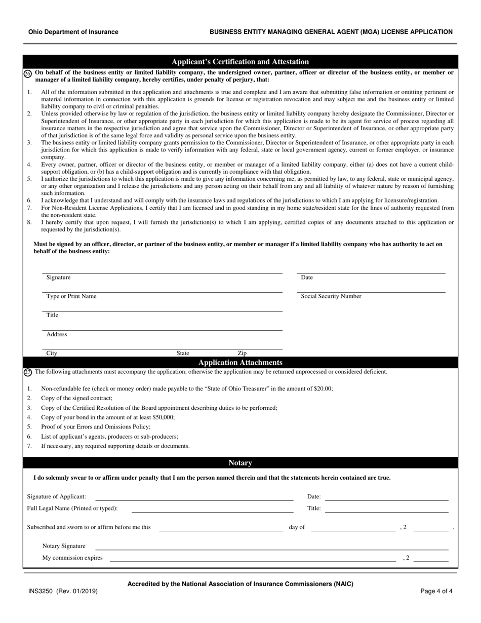 Form INS3250 Business Entity Managing General Agent (Mga) License Application - Ohio, Page 4