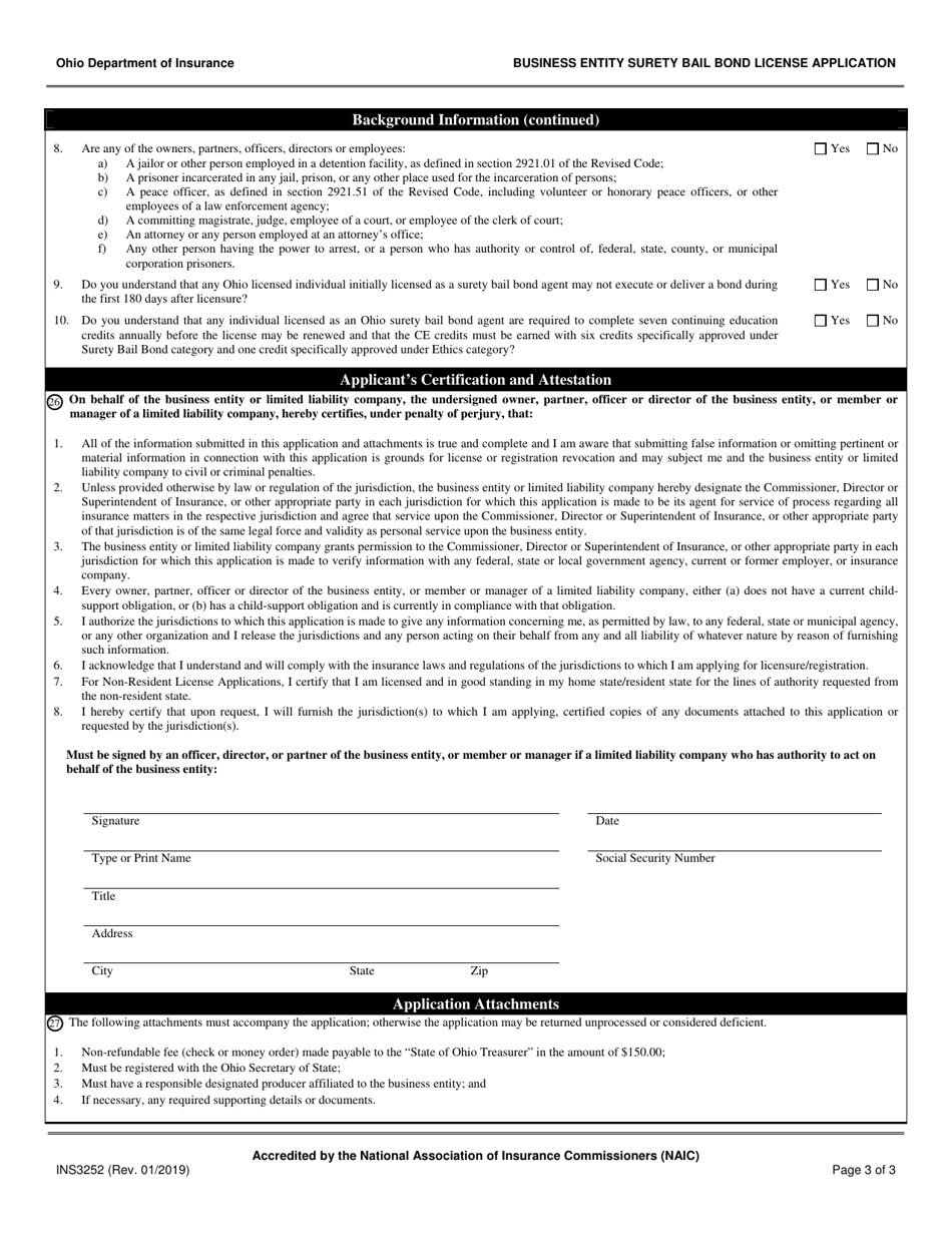 Form INS3252 Business Entity Surety Bail Bond License Application - Ohio, Page 3