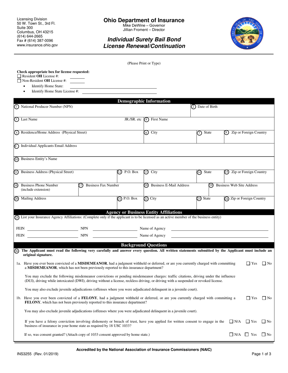 Form INS3255 Individual Surety Bail Bond License Renewal / Continuation - Ohio, Page 1