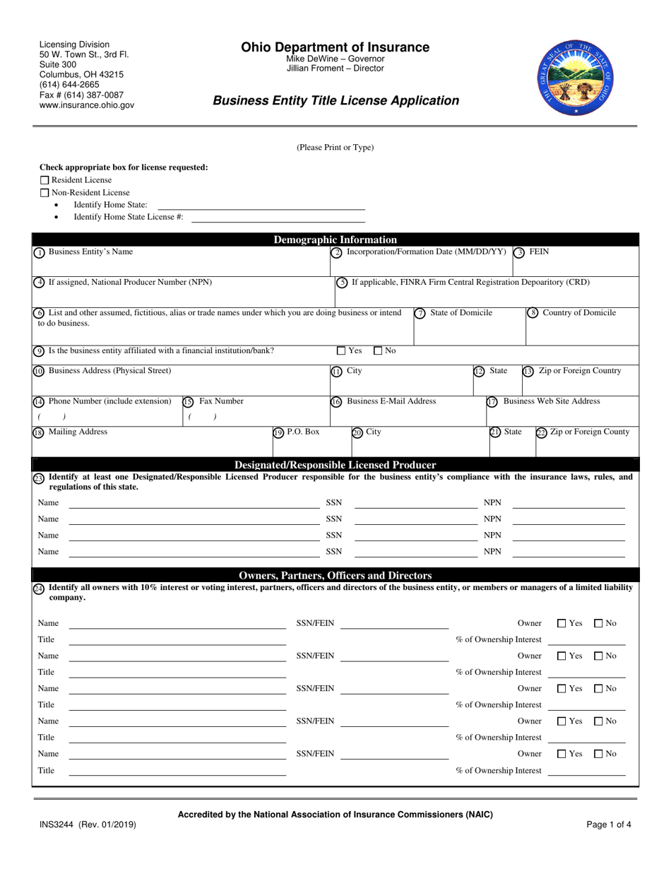 Form INS3244 Download Fillable PDF or Fill Online Business Entity Title License Application Ohio ...