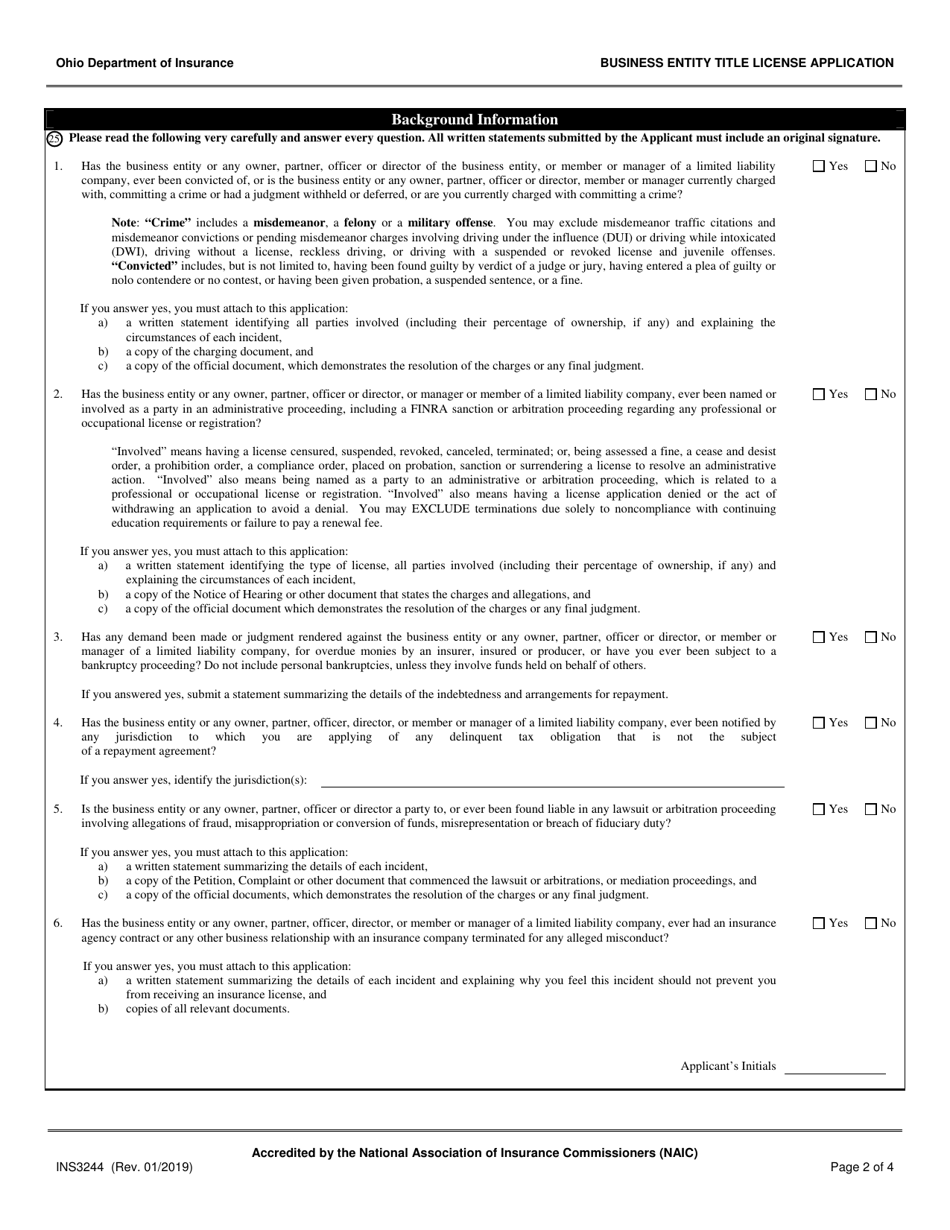 Form INS3244 Business Entity Title License Application - Ohio, Page 2