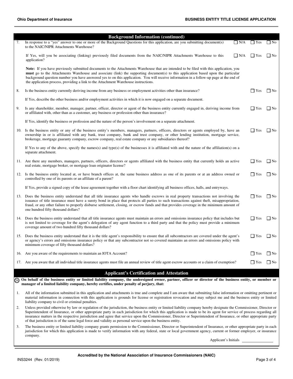 Form INS3244 Business Entity Title License Application - Ohio, Page 3
