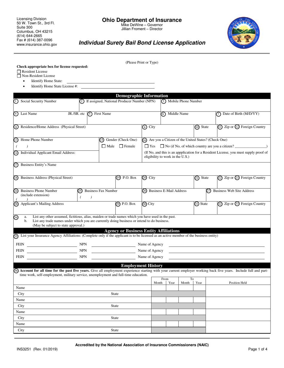 Form INS3251 Individual Surety Bail Bond License Application - Ohio, Page 1