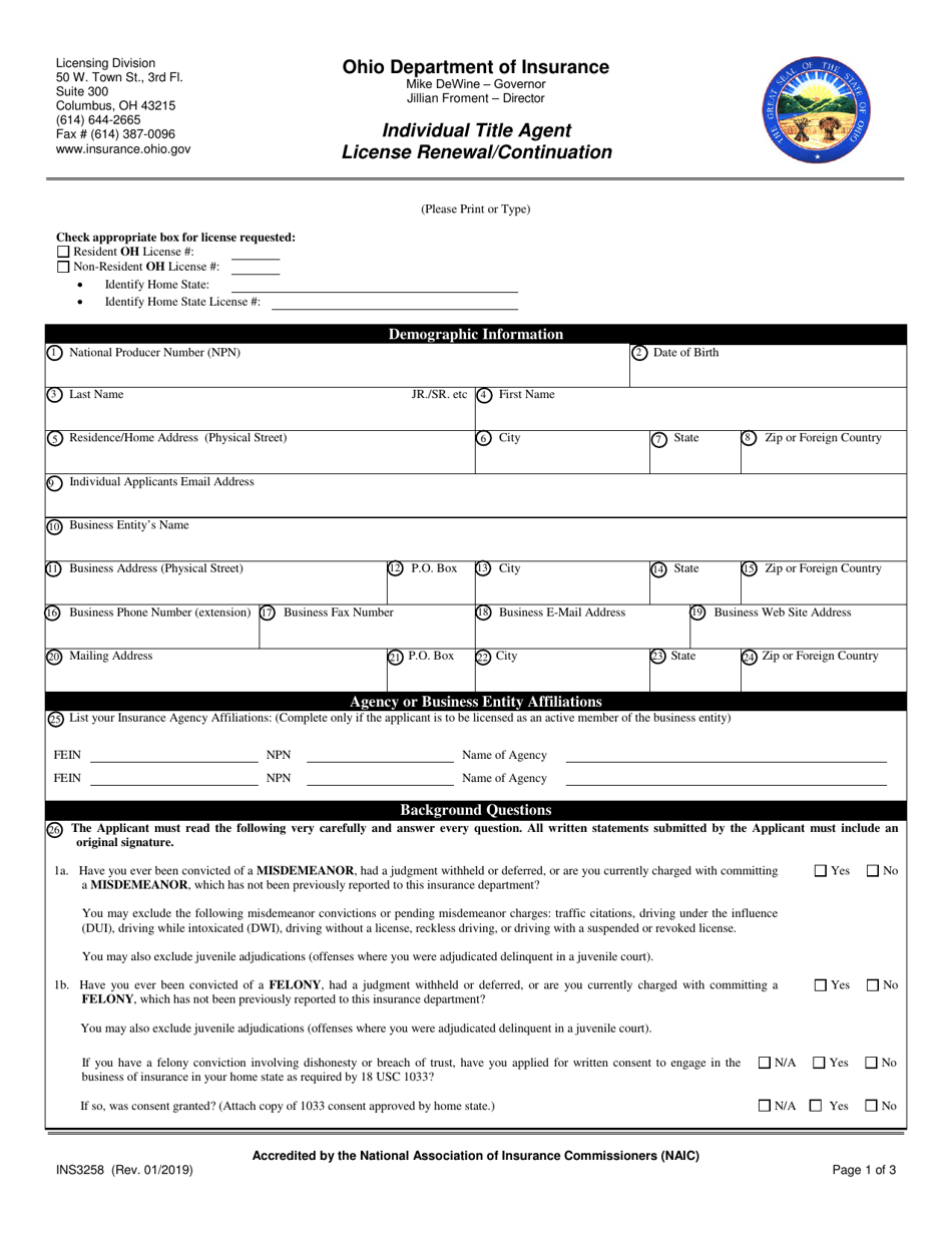 Form INS3258 Individual Title Agent License Renewal / Continuation - Ohio, Page 1