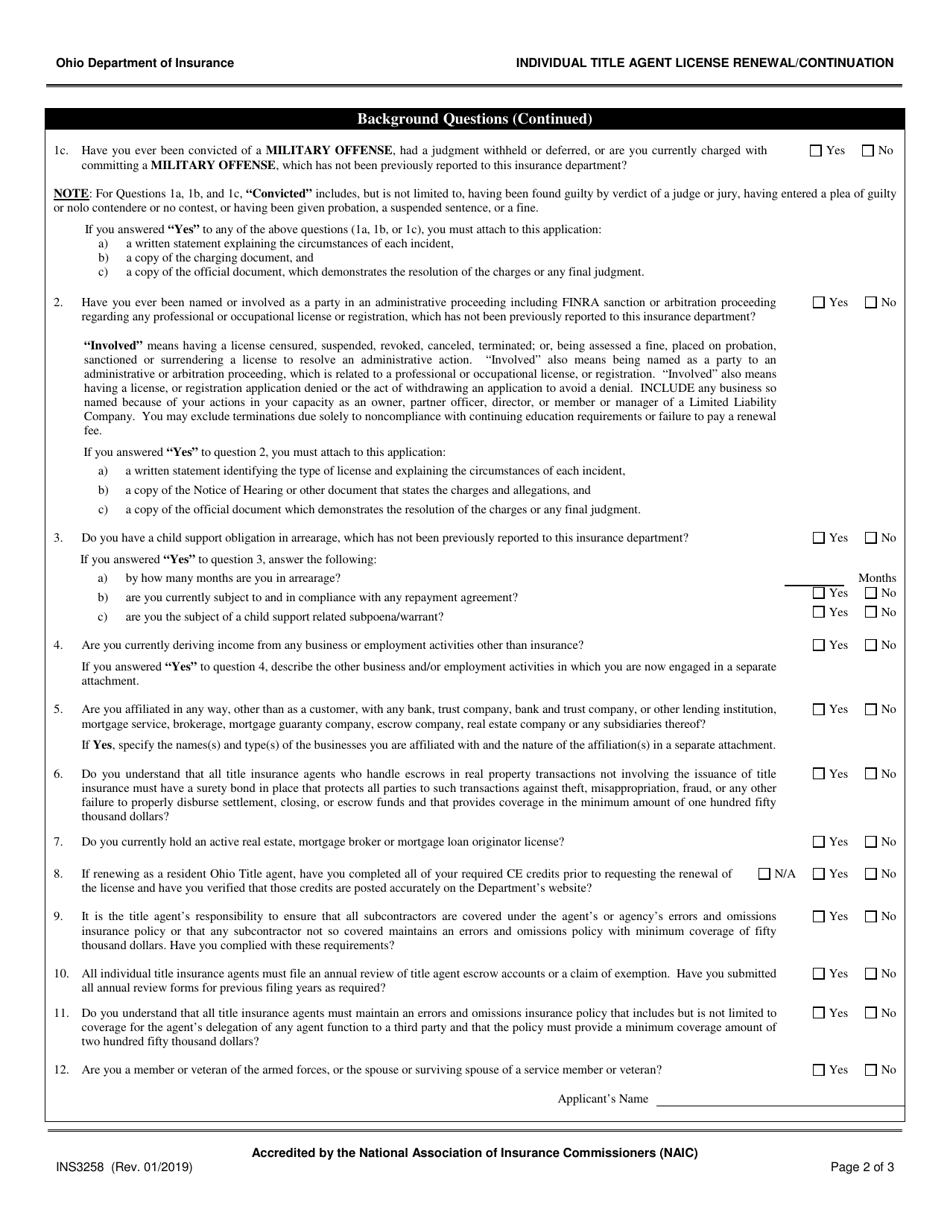 Form INS3258 Individual Title Agent License Renewal / Continuation - Ohio, Page 2