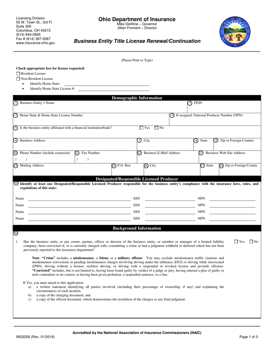 Form INS3259 Business Entity Title License Renewal / Continuation - Ohio, Page 1