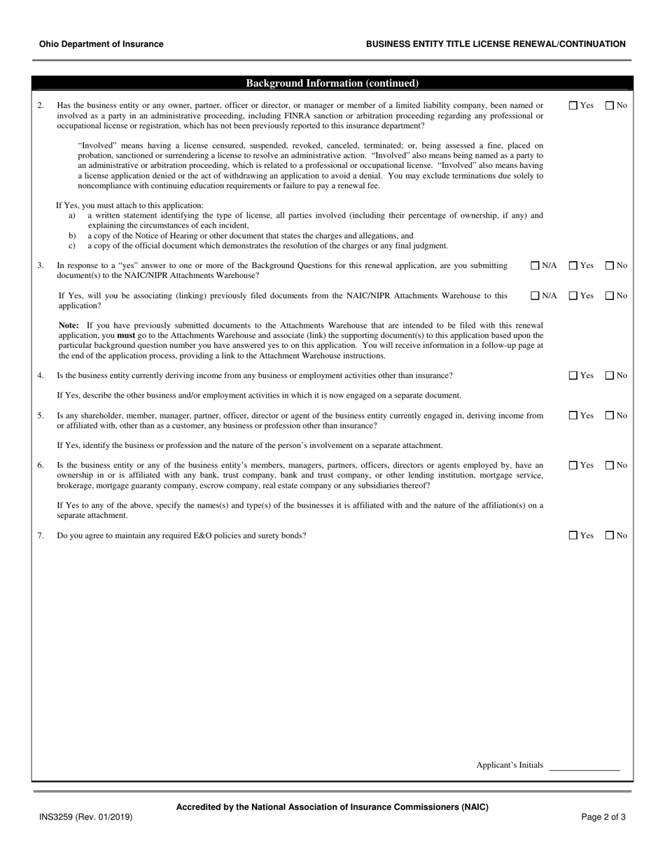 Form INS3259 Business Entity Title License Renewal / Continuation - Ohio, Page 2