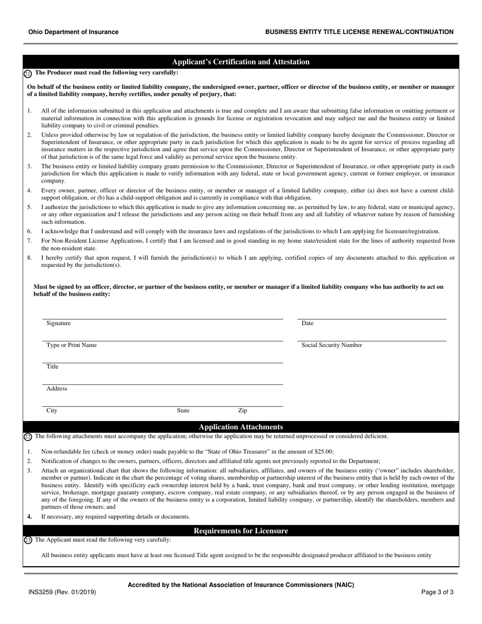 Form INS3259 Business Entity Title License Renewal / Continuation - Ohio, Page 3