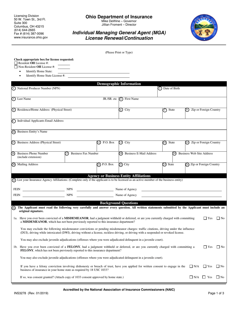 Form INS3278 Individual Managing General Agent (Mga) License Renewal / Continuation - Ohio, Page 1