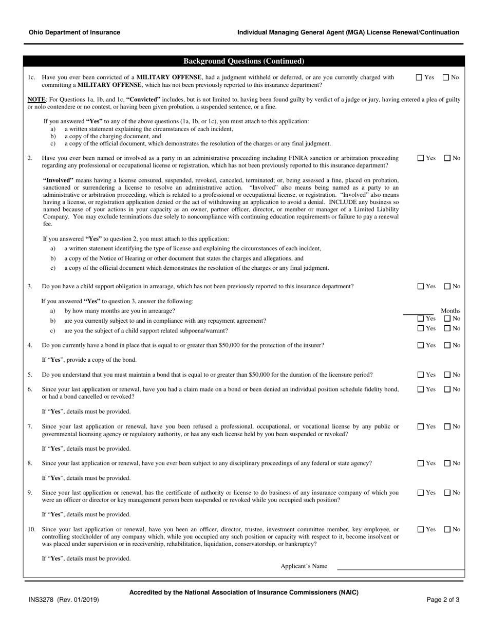 Form INS3278 Individual Managing General Agent (Mga) License Renewal / Continuation - Ohio, Page 2