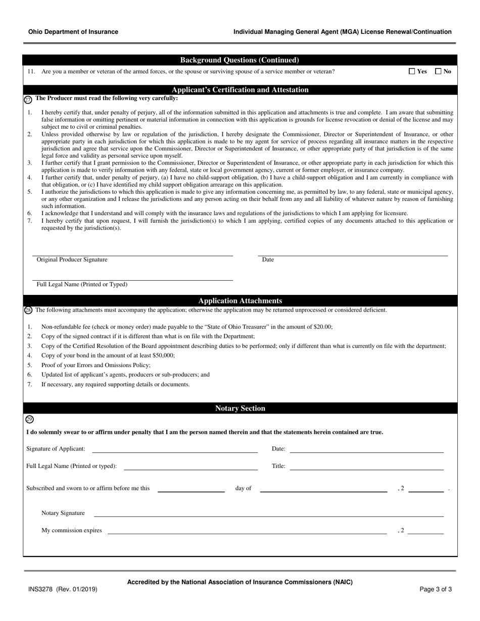 Form INS3278 Individual Managing General Agent (Mga) License Renewal / Continuation - Ohio, Page 3