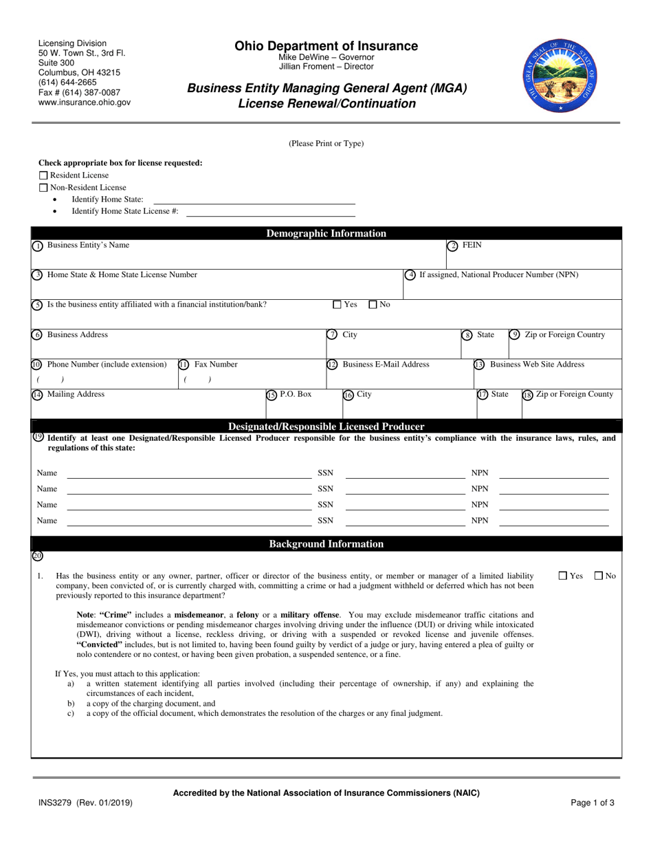Form INS3279 Business Entity Managing General Agent (Mga) License Renewal / Continuation - Ohio, Page 1