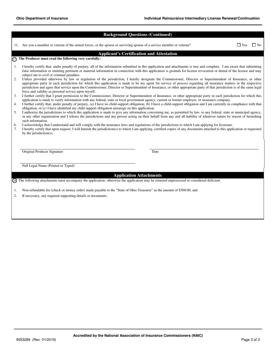Form INS3289 Individual Reinsurance Intermediary License Renewal / Continuation - Ohio, Page 3
