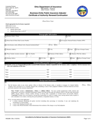 Form INS3288 Business Entity Public Insurance Adjuster Certificate of Authority Renewal/Continuation - Ohio