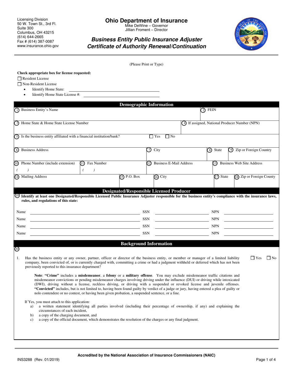 Form INS3288 Business Entity Public Insurance Adjuster Certificate of Authority Renewal / Continuation - Ohio, Page 1
