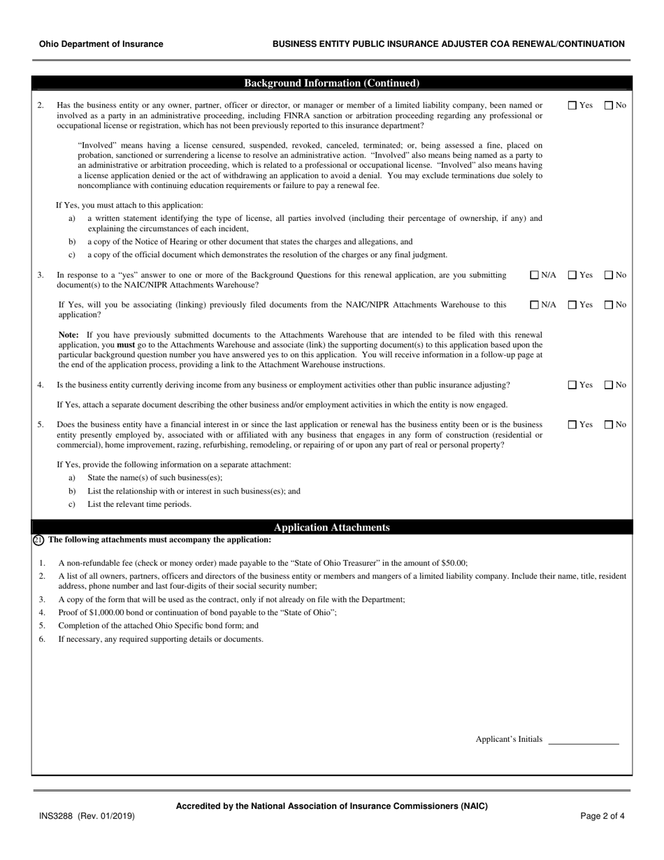 Form INS3288 Business Entity Public Insurance Adjuster Certificate of Authority Renewal / Continuation - Ohio, Page 2