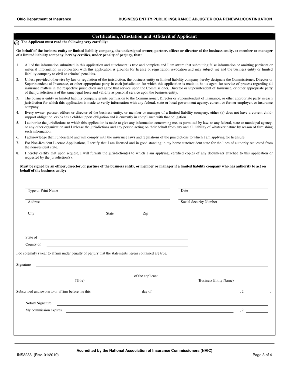 Form INS3288 Business Entity Public Insurance Adjuster Certificate of Authority Renewal / Continuation - Ohio, Page 3