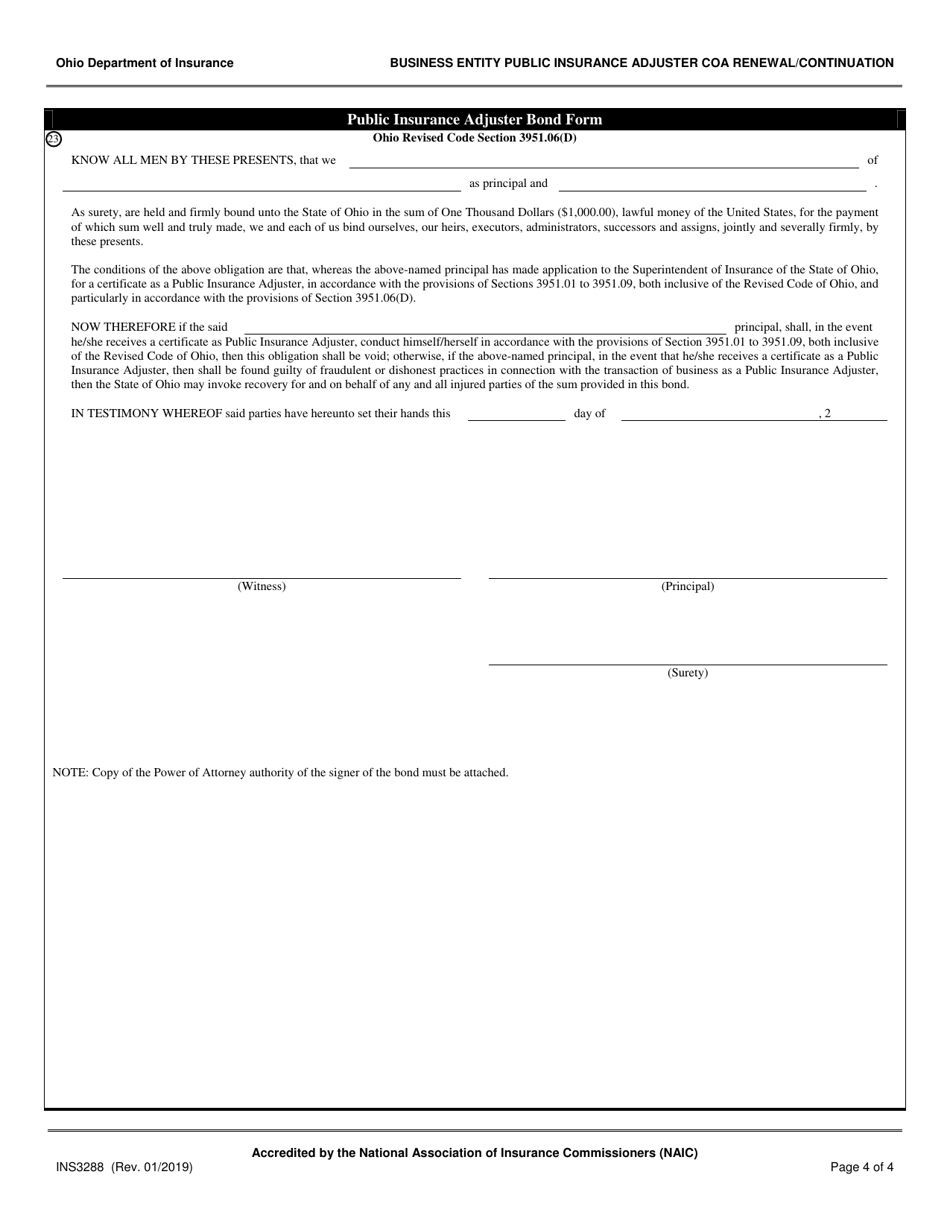 Form INS3288 Business Entity Public Insurance Adjuster Certificate of Authority Renewal / Continuation - Ohio, Page 4
