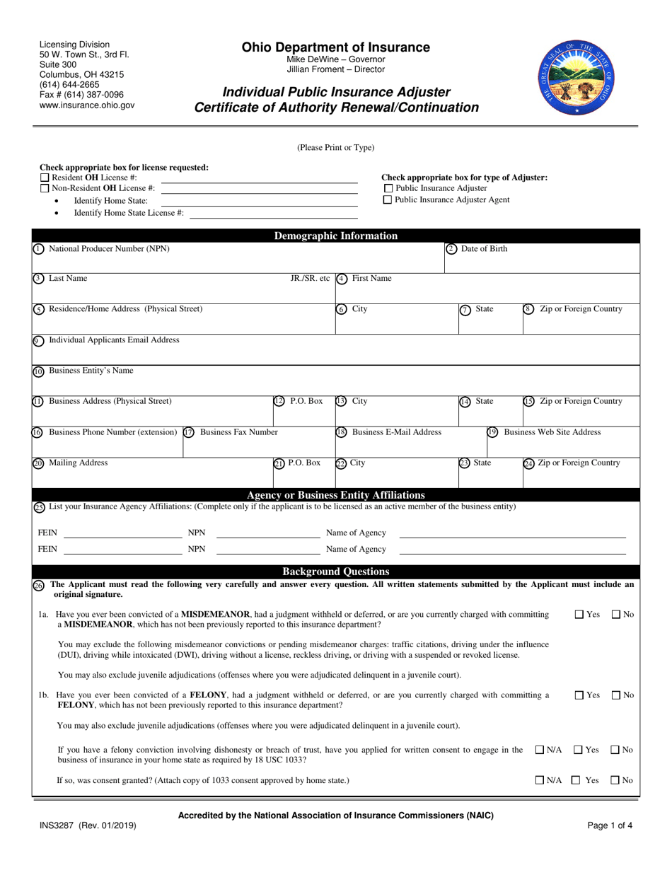 Form INS3287 Individual Public Insurance Adjuster Certificate of Authority Renewal / Continuation - Ohio, Page 1