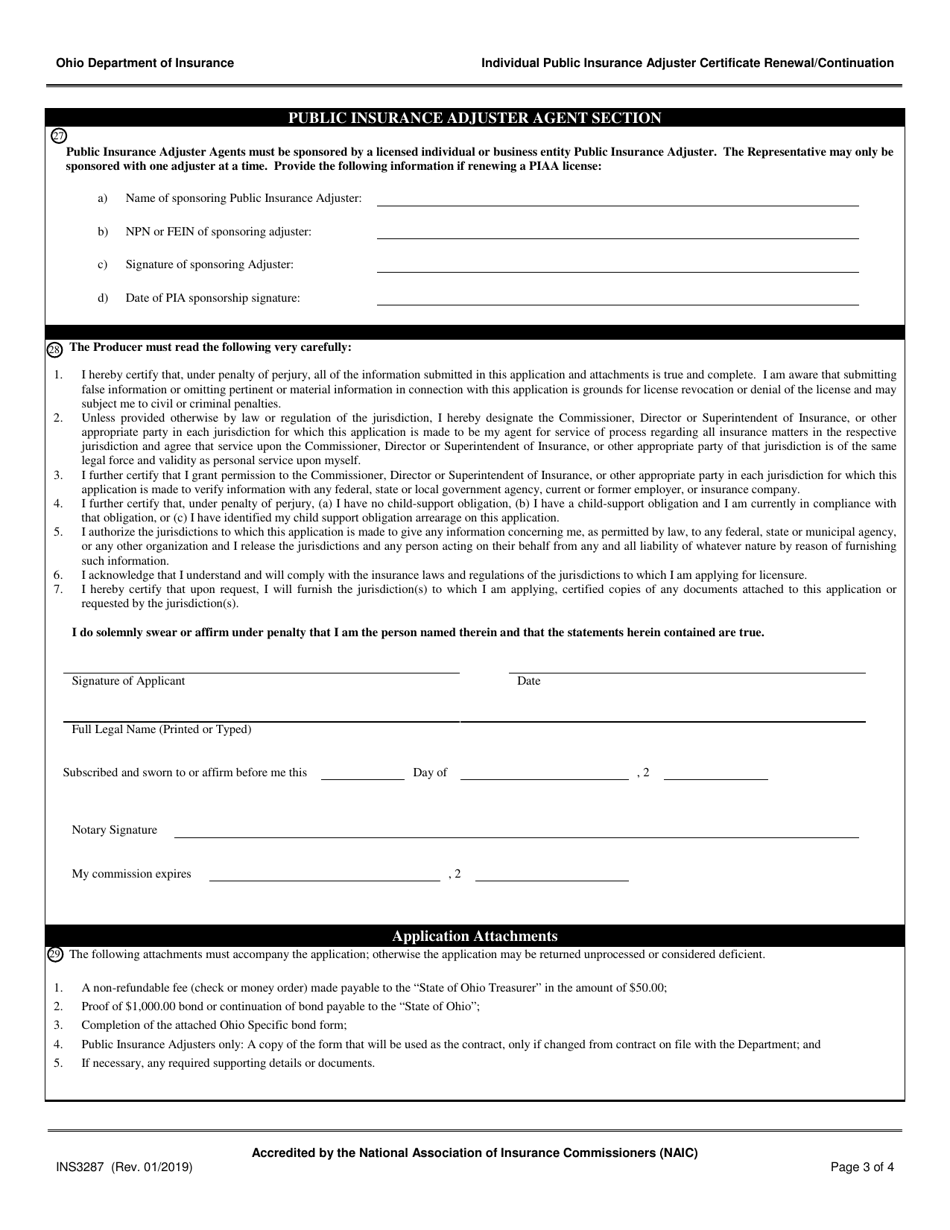 Form INS3287 Individual Public Insurance Adjuster Certificate of Authority Renewal / Continuation - Ohio, Page 3