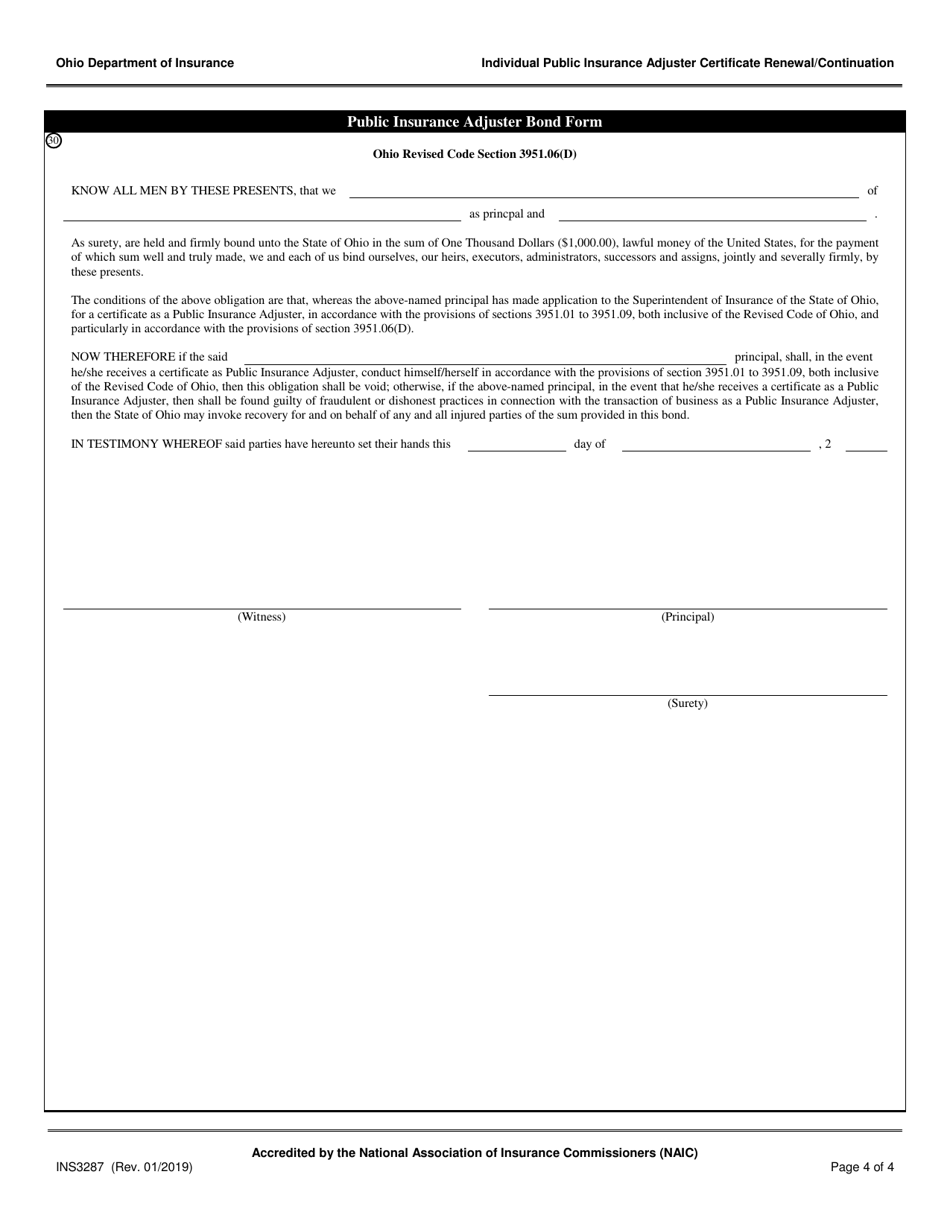 Form INS3287 Individual Public Insurance Adjuster Certificate of Authority Renewal / Continuation - Ohio, Page 4