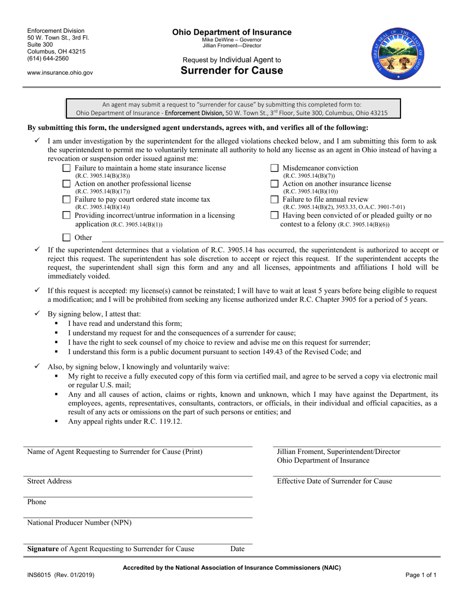 Form INS6015 Request by Individual Agent to Surrender for Cause - Ohio, Page 1