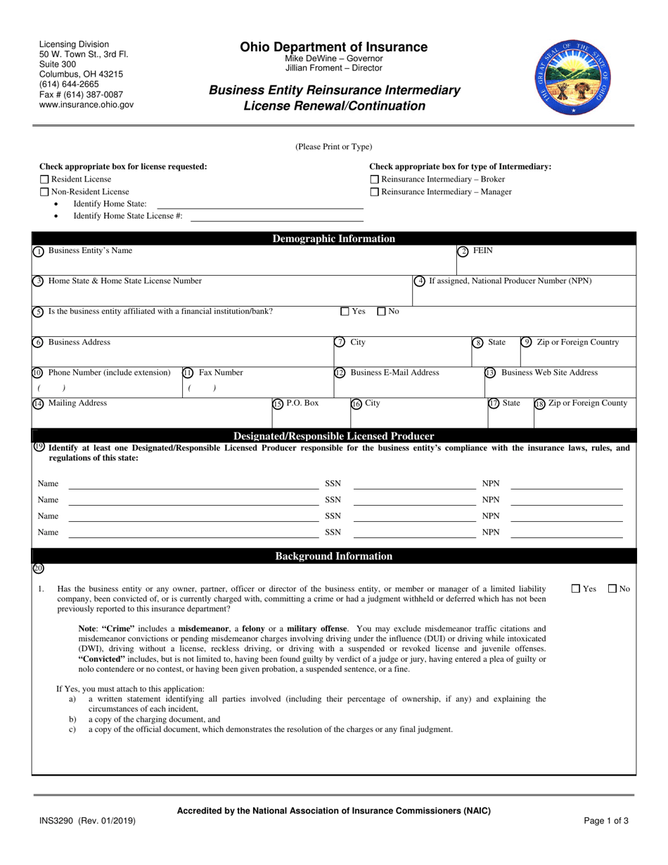 Form INS3290 Business Entity Reinsurance Intermediary License Renewal / Continuation - Ohio, Page 1