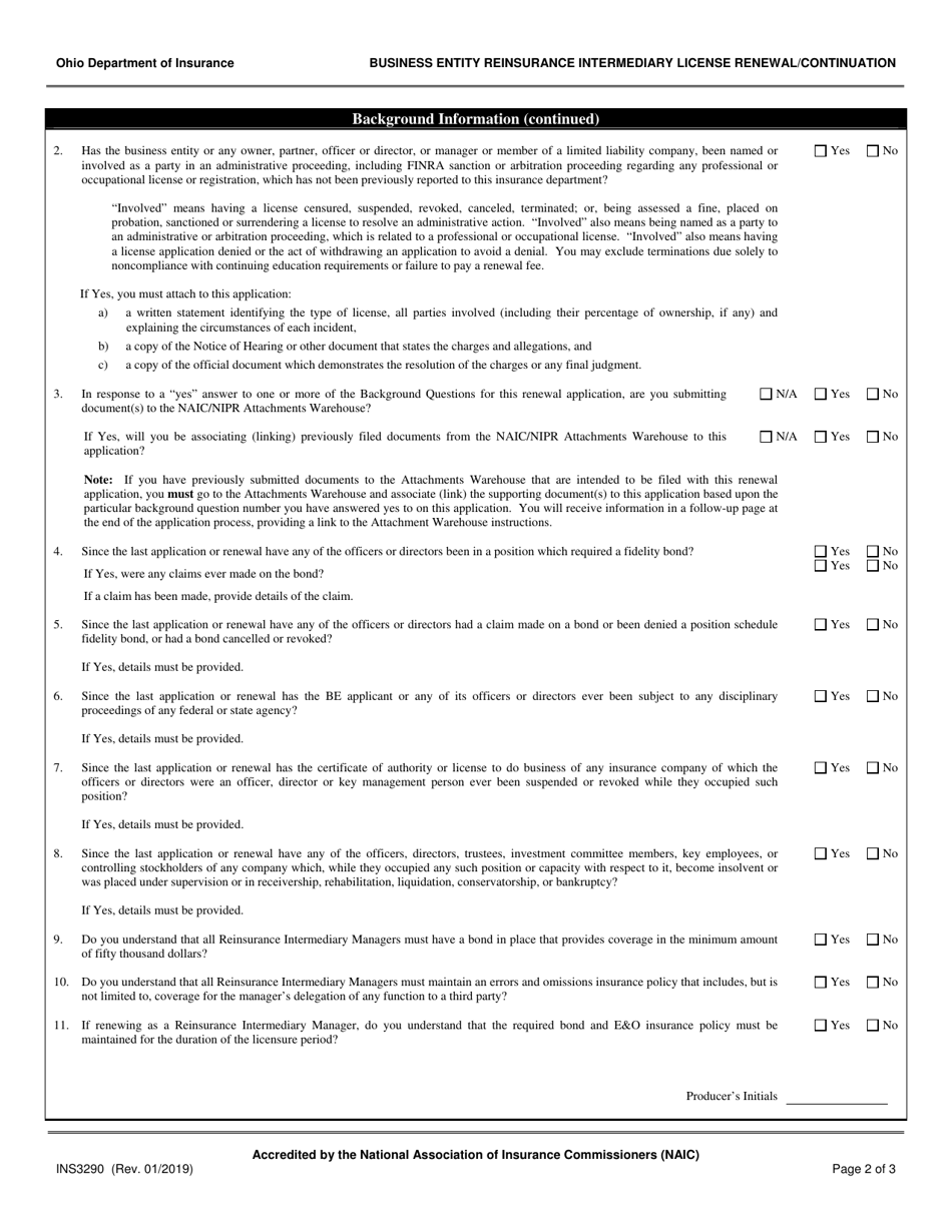 Form INS3290 Business Entity Reinsurance Intermediary License Renewal / Continuation - Ohio, Page 2