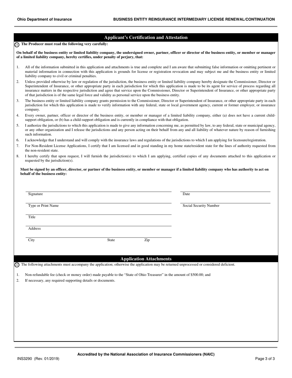 Form INS3290 Business Entity Reinsurance Intermediary License Renewal / Continuation - Ohio, Page 3