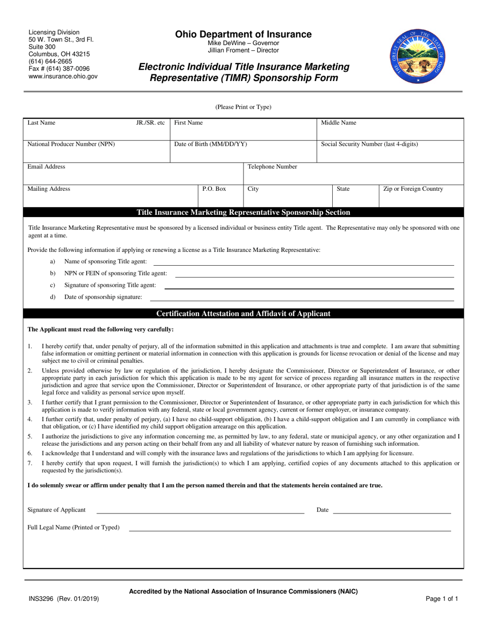 Form INS3296 Electronic Individual Title Insurance Marketing Representative (Timr) Sponsorship Form - Ohio, Page 1