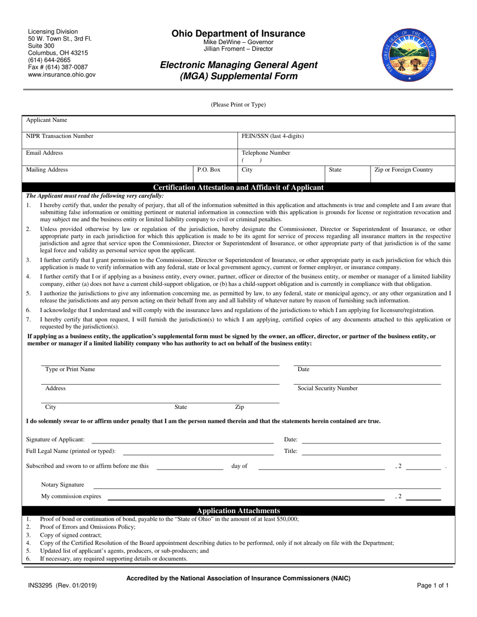 Form INS3295 Electronic Managing General Agent (Mga) Supplemental Form - Ohio, Page 1
