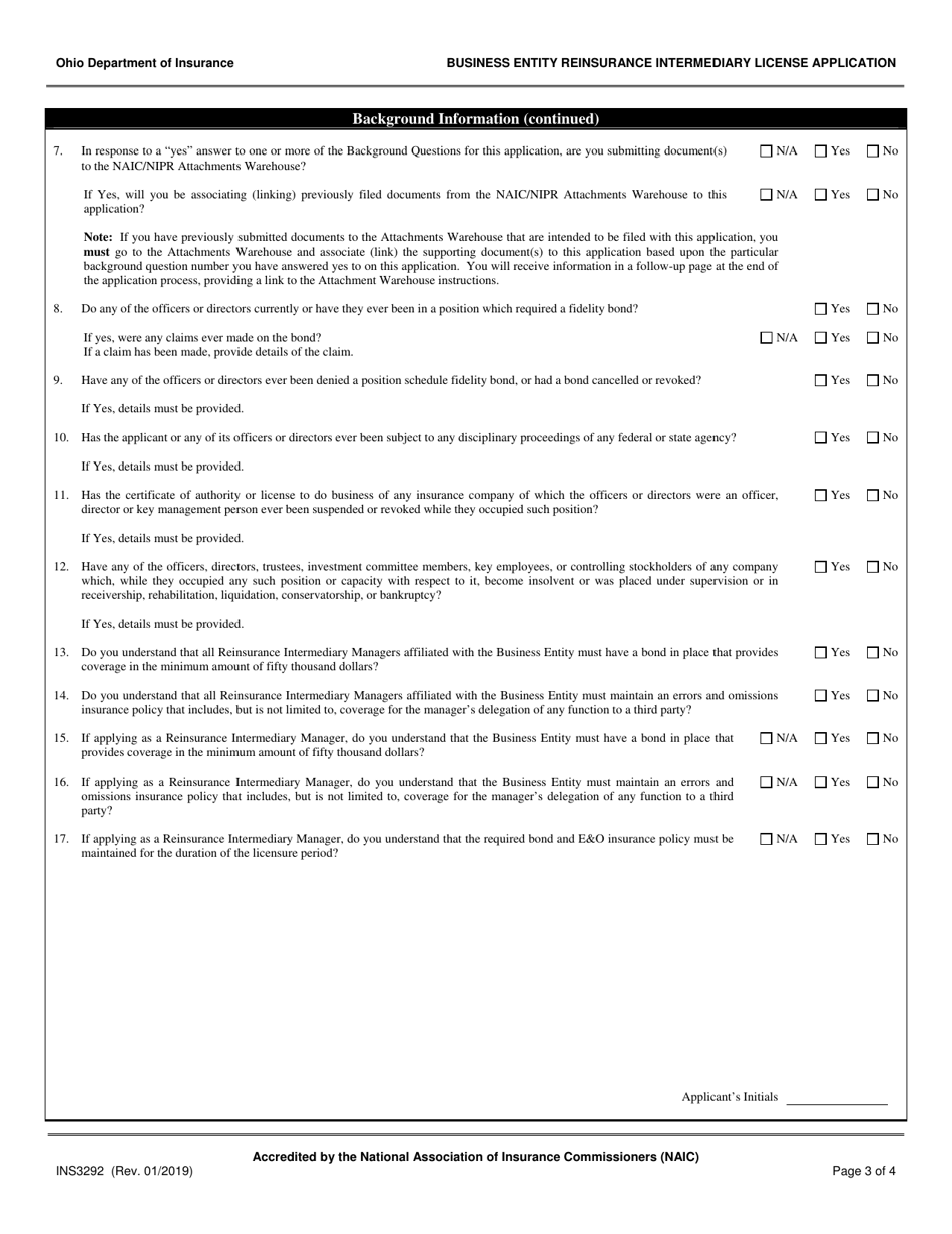 Form INS3292 Business Entity Reinsurance Intermediary License Application - Ohio, Page 3