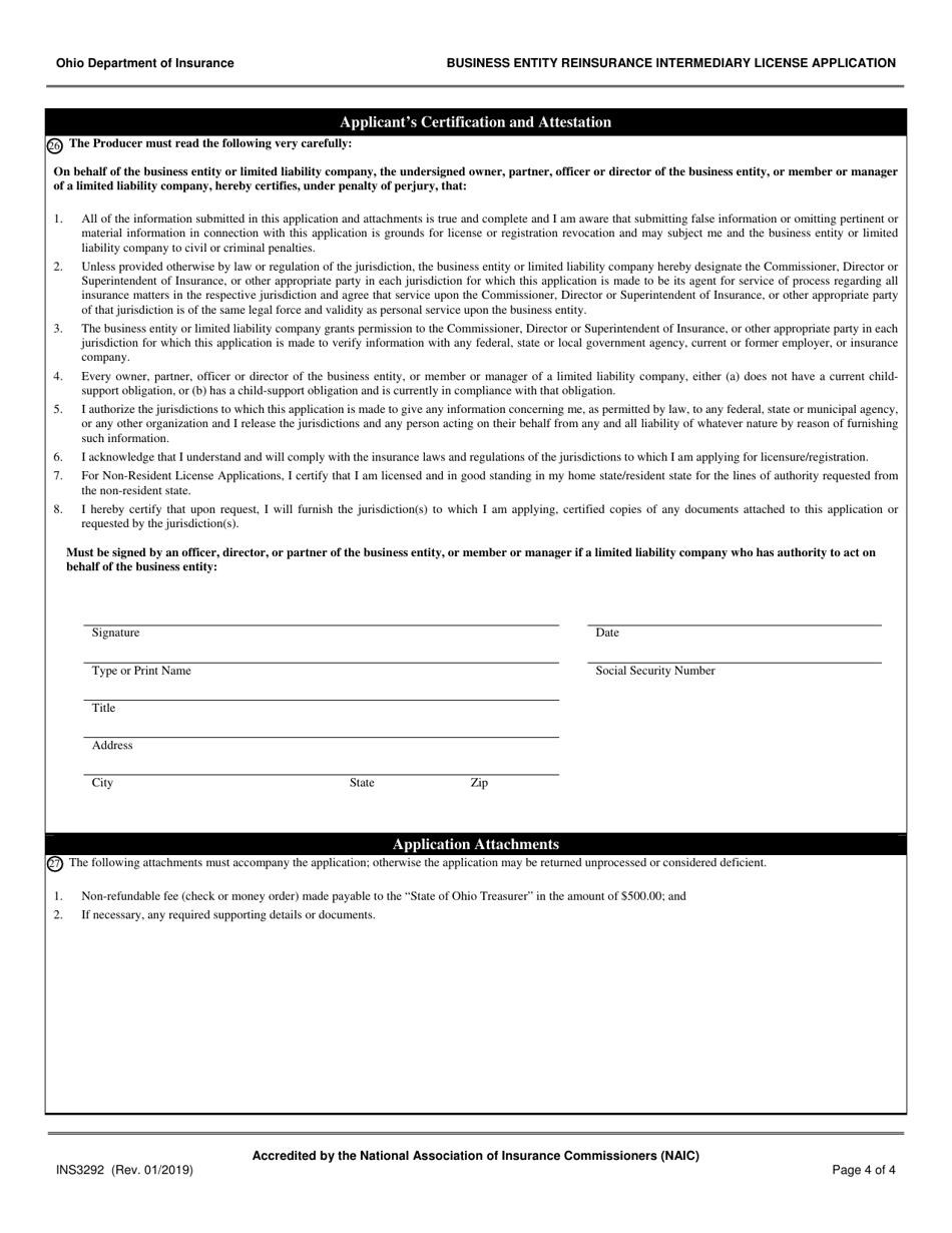 Form INS3292 Business Entity Reinsurance Intermediary License Application - Ohio, Page 4