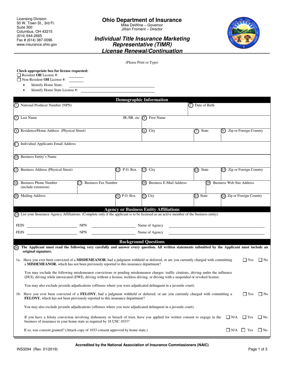 Form INS3294 Individual Title Insurance Marketing Representative (Timr) License Renewal / Continuation - Ohio, Page 1